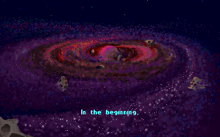Civilization's creation cinematic: a swirling galaxy over the caption text, in 256-colour Mode 13h