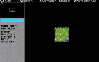 Civilization's world map at 4000 BC under mddosem: a settler unit on a generated continent, with the menu bar GAME, ORDERS, ADVISORS, WORLD, CIVILOPEDIA