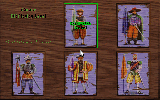 Colonization's choose-difficulty screen with five painted portraits