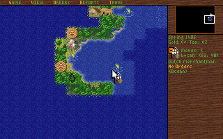 Colonization's isometric world map with menu bar, minimap, and the status panel showing Spring 1495, Gold 80, Tax 02, Dutch Merchantman