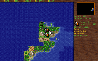 Colonization's world map after keyboard unit cycling, panel showing Scout and Pioneers