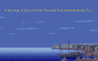 Colonization's voyage cinematic frozen: a sailing ship scene captioned Year of Our Lord 1492, stuck on its first frame